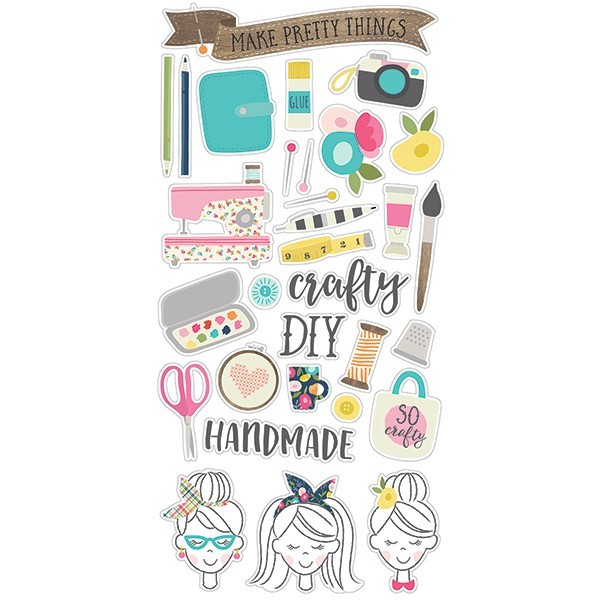 Crafty girl. KIT Chipboard stickers + 3 hojas de la colección